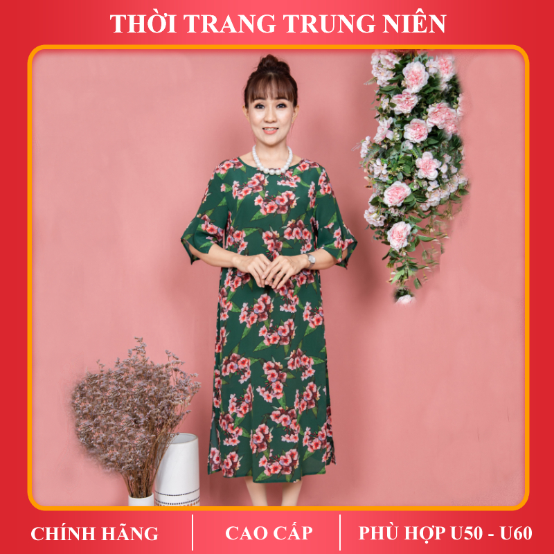 Đầm suông trung niên iDiva D10-09; chất liệu lụa silk cao cấp mềm, rũ; bigsize phù hợp u50 dự tiệc &amp; dạo phố