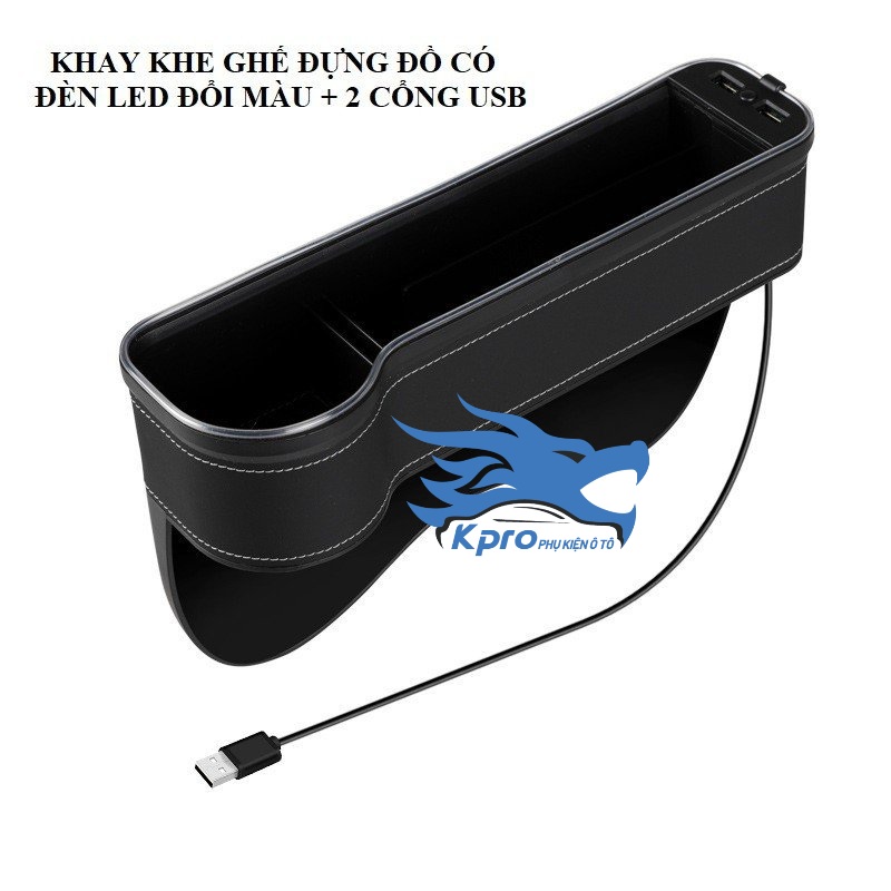 Khay đựng đồ khe ghế ô tô có đèn led + 2 cổng USB - Hàng Kpro chất lượng cao