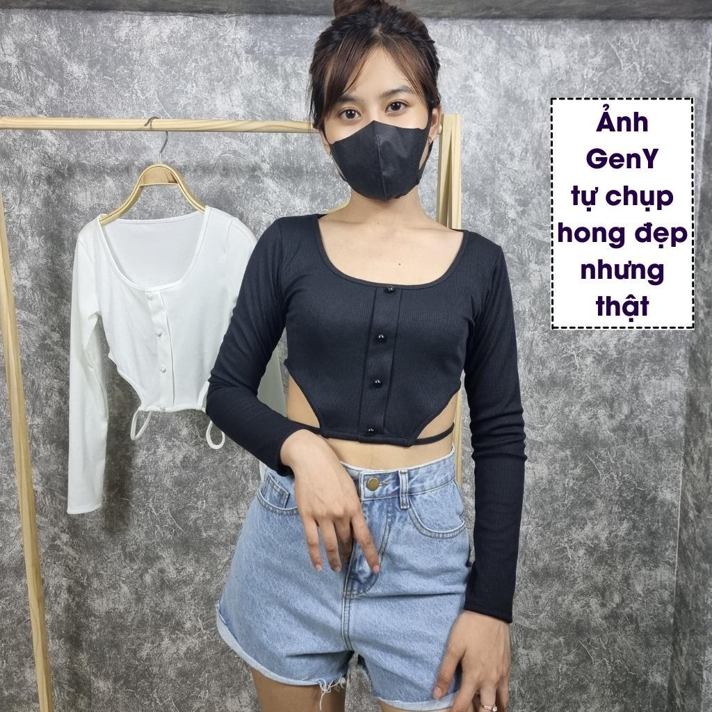Áo croptop tay dài cổ vuông GenY - Áo kiểu nữ ôm body, eo phối dây cực tôn dáng, chất thun gân dày dặn
