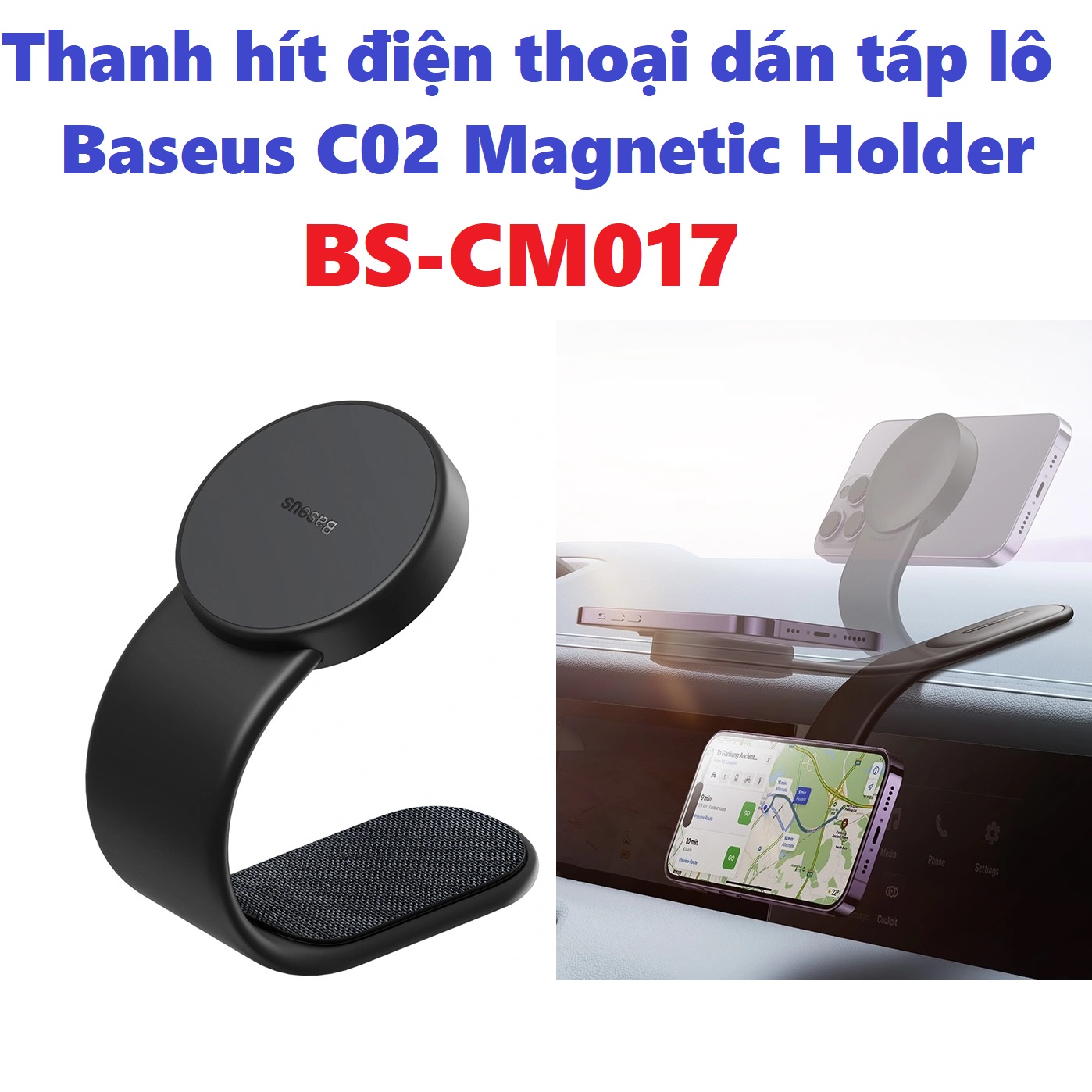 Giá đỡ nam châm  thanh hít điện thoại kiêm sạc không dây dán táp-lô có thể uốn cong Baseus C02 Magnetic holder BS-CM017 _ Hàng chính hãng