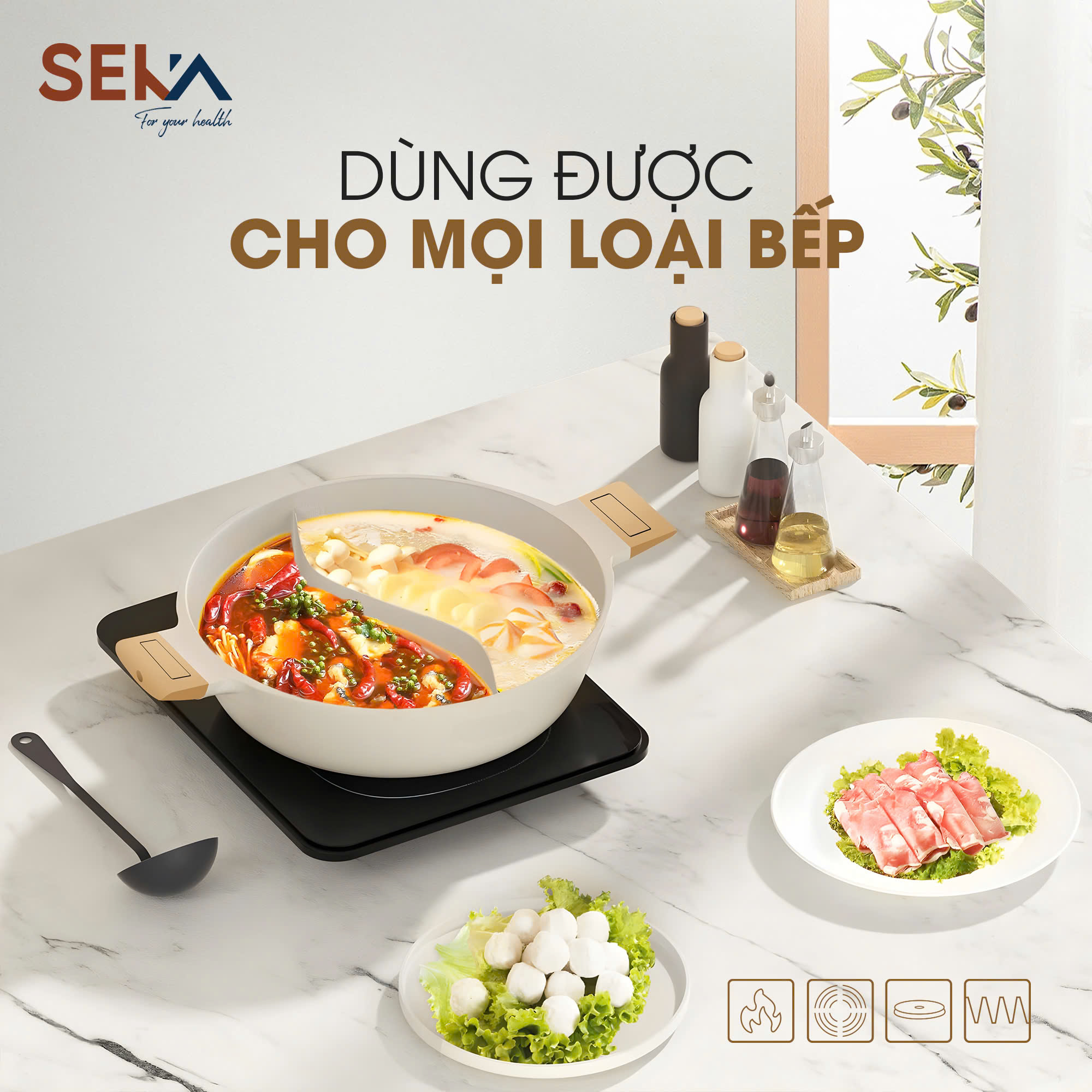 Nồi lẩu 2 ngăn nhôm đúc nguyên khối Seka 28cm- dùng được trên mọi loại bếp