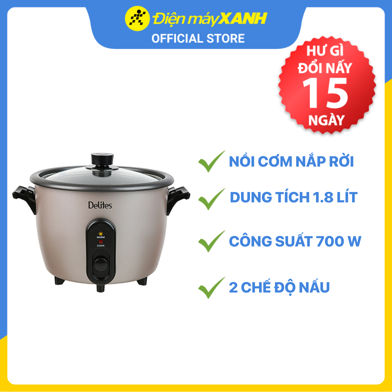 Nồi cơm nắp rời Delites 1.8 lít RC-10W003 - Hàng chính hãng