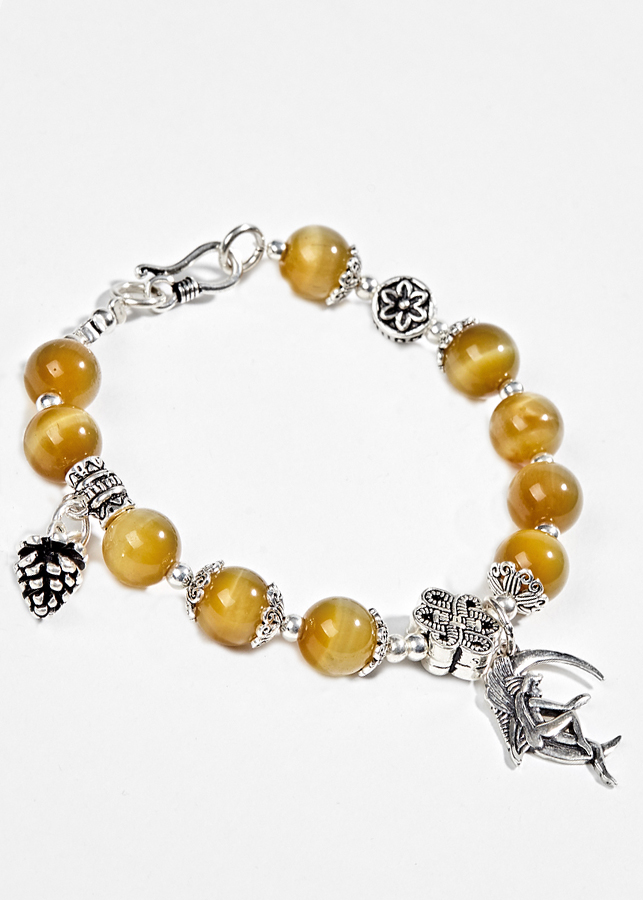 Vòng Thạch Anh Mắt Hổ Vàng Tâm Phối Charm Kết Đồng Tâm Bạc Ngọc Quý Gemstones