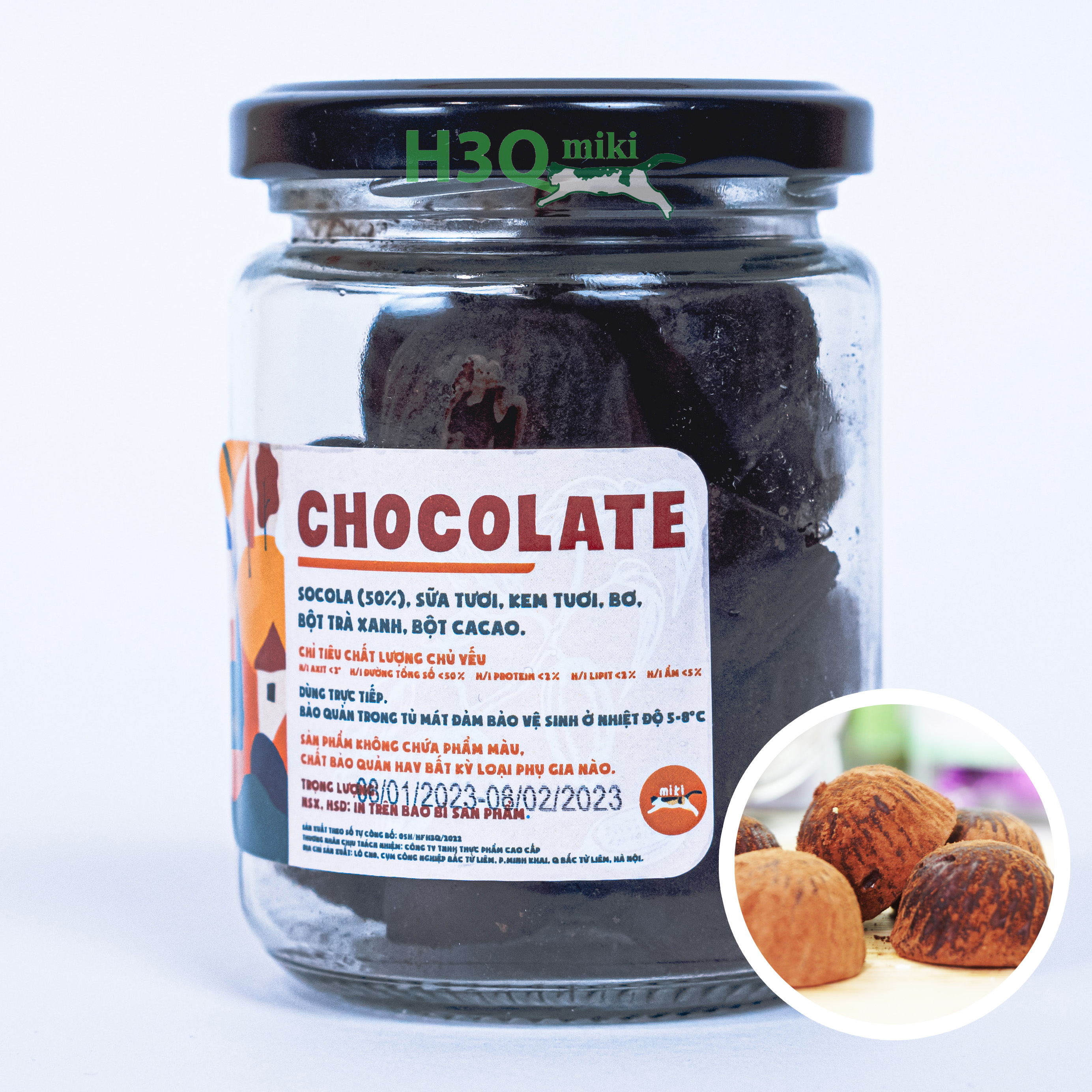 Socola Đen Tươi Phủ Cacao H3Q Miki KHÔNG CHẤT BẢO QUẢN Lọ Thủy Tinh 125g
