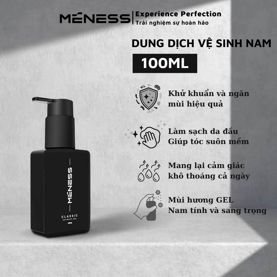 Dung dịch vệ sinh nam MENESS, hương nước hoa gỗ ĐỨC quyến rũ và lịch lãm, ngăn ngừa vi khuẩn và khử mùi lên đến 48h