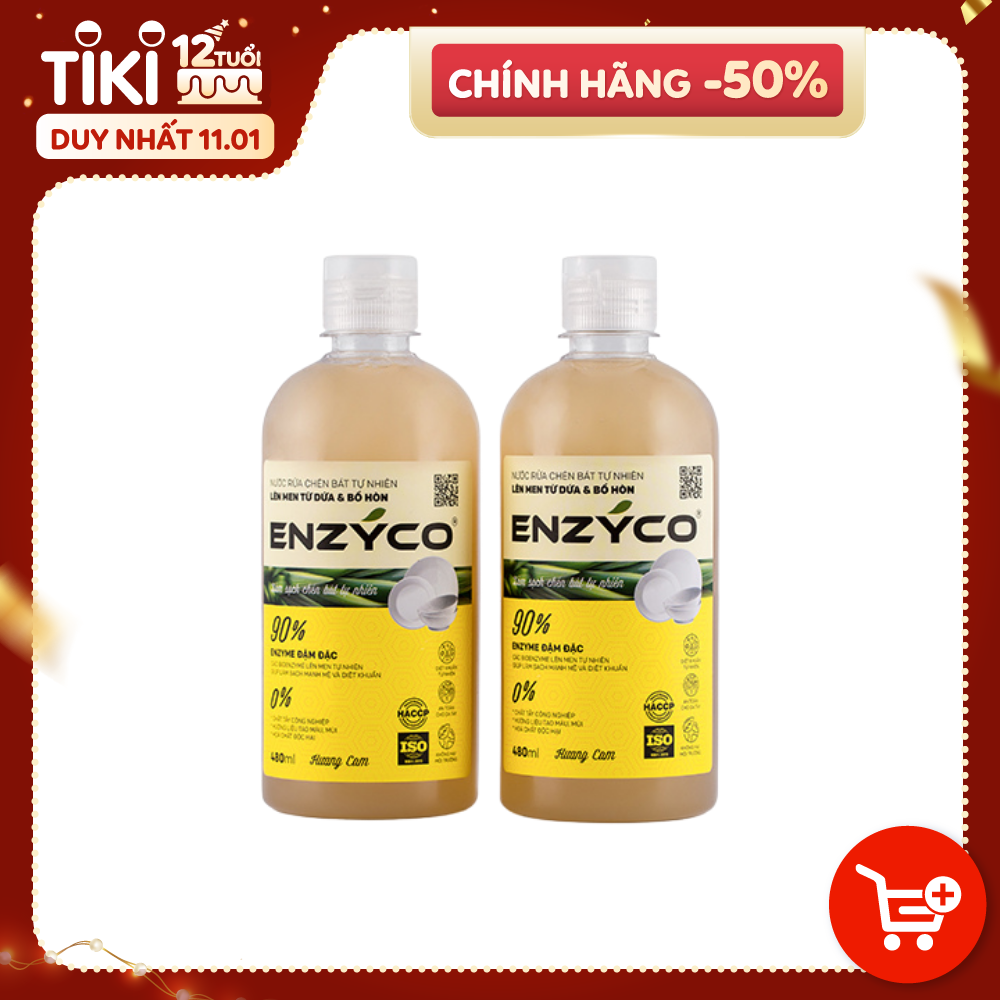 Combo 02 Chai Nước Rửa Chén Sinh Học ENZYCO Lên Men Từ Dứa Và Bồ Hòn Không Hóa Chất An Toàn Không Gây Khô Da Tay - 02 Chai 480ml