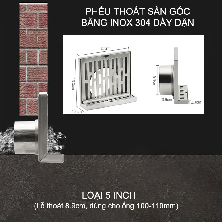 Phễu thoát sàn góc bằng inox 304 dày dặn, loại 5inch lệch
