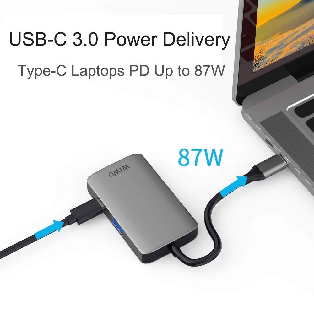 CỔNG CHUYỂN WIWU 5IN1 ALPHA USB-C Hub A513HVP HDMI 4K VGA USB 3.0 Jack 3.5mm PD 87W Hỗ Trợ Cho Các Dòng Ipad Pro, Macbook, Smartphone Chất Liệu Vỏ Nhôm Nguyên Khối Cao Cấp - Hàng Chính Hãng