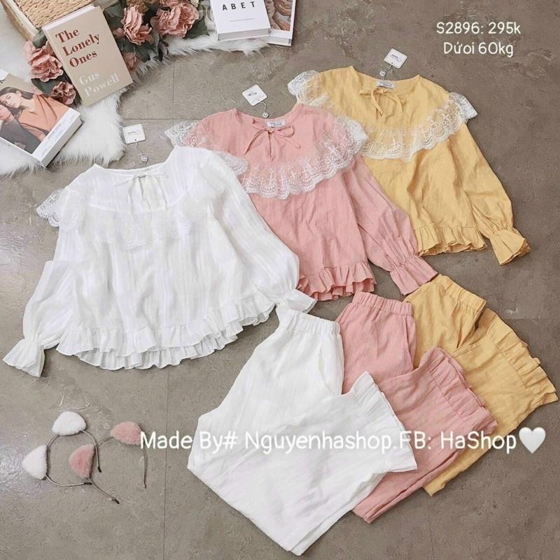 Đồ bộ nữ mặc nhà đi dạo mẹ bầu tay dài quần dài phối bèo siêu dễ thương