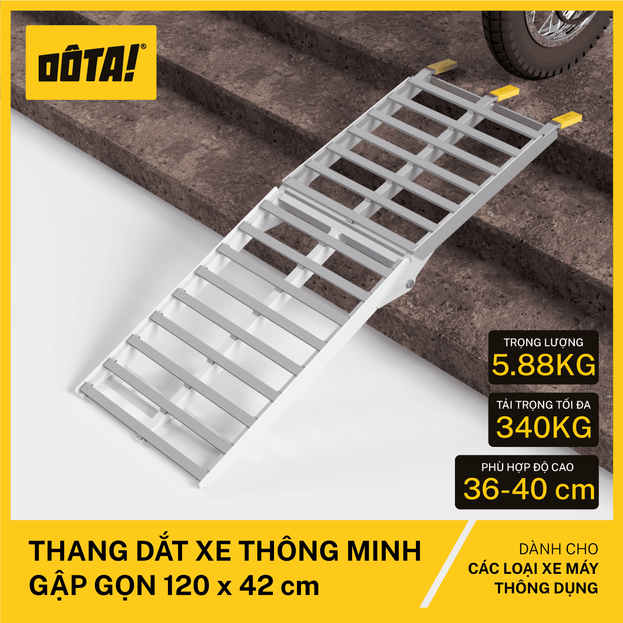 DÔTA Thang Dắt Xe Máy Thông Minh Gập gọn cho thềm cao từ 26 đến 75 cm - Dài 120 cm