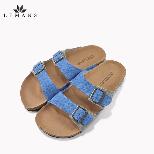 Dép Da Nubuck Phối 2 màu Xanh-Xám Đế Trấu Quai Ngang LEMANS May Sandals - Blue&amp;Grey. Quai điều chỉnh. Bảo hành 6 Tháng