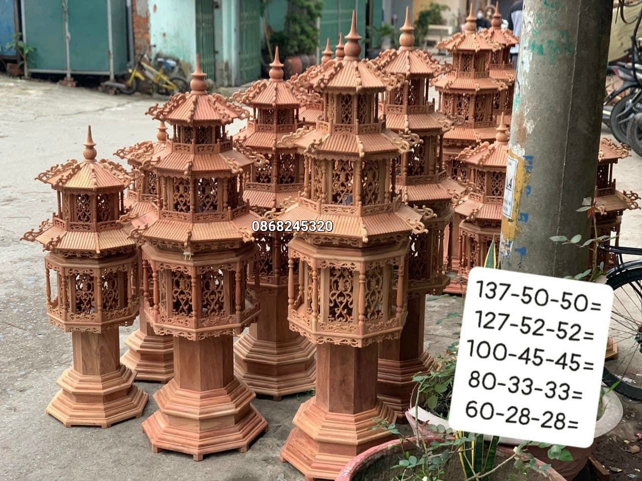 Cặp đèn thờ hình tháp 3 mái chùa bằng gỗ hương đẹp long lanh kt cao 1m27×52×52cm