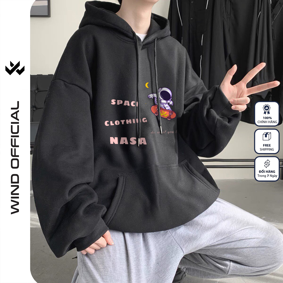 Áo hoodie unisex WIND form rộng nỉ nam nữ NASA HD23 thời trang thu đông oversize