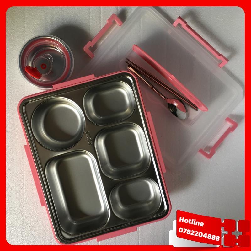 Khay Cơm 5 Ngăn Inox 304 Giữ Nhiệt ,Nắp Đậy Có Khe Đựng Điện Thoại, Tặng Kèm Thìa Và Đũa Inox - Màu Đen - Loại Tốt