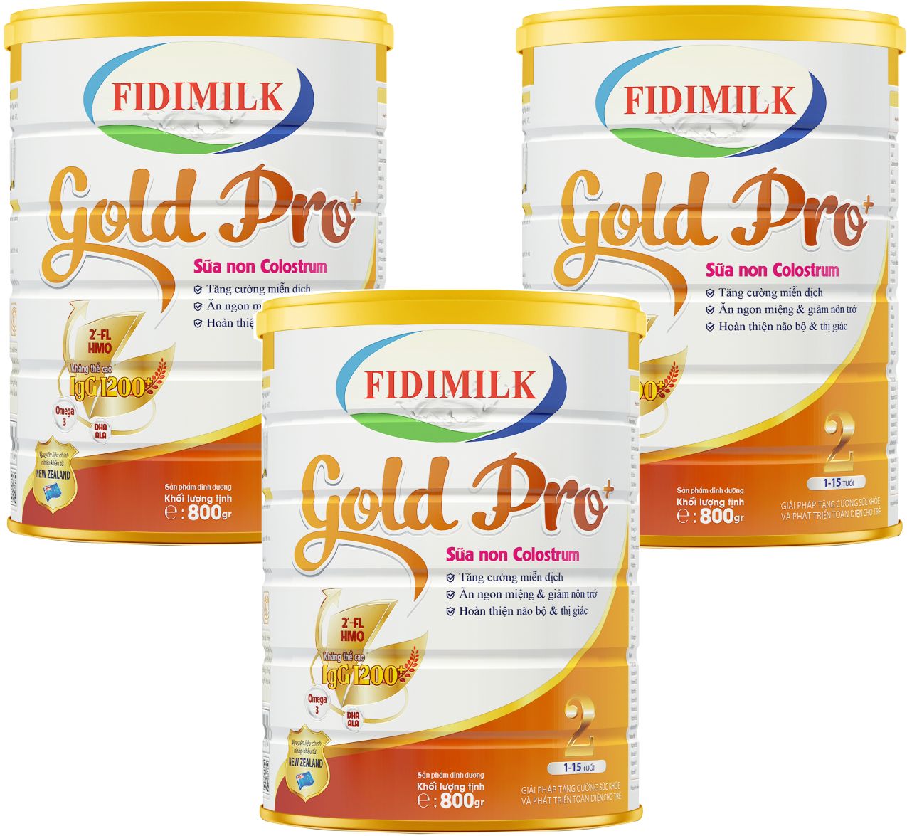 Bộ 3 lon Sữa công thức FIDIMILK GOLD PRO +2 lon 800g - Dinh dưỡng phát triển toàn diện, chứa sữa non Colostrum dành cho Bé 1-15 tuổi.