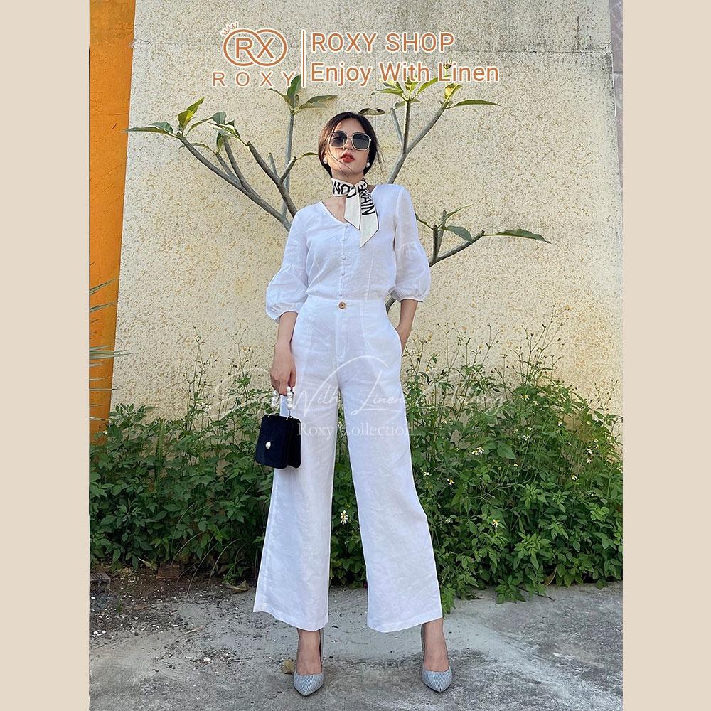 Set Bộ Linen Áo Tay Dài Cổ Tim Tay Dài Bo Chun Phối Quần Ống Suông