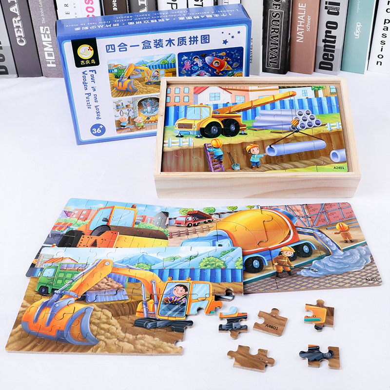 Đồ chơi hộp xếp hình 4 cấp độ Puzzle 12,24,36,48 miếng trong 1 hộp gỗ cho bé