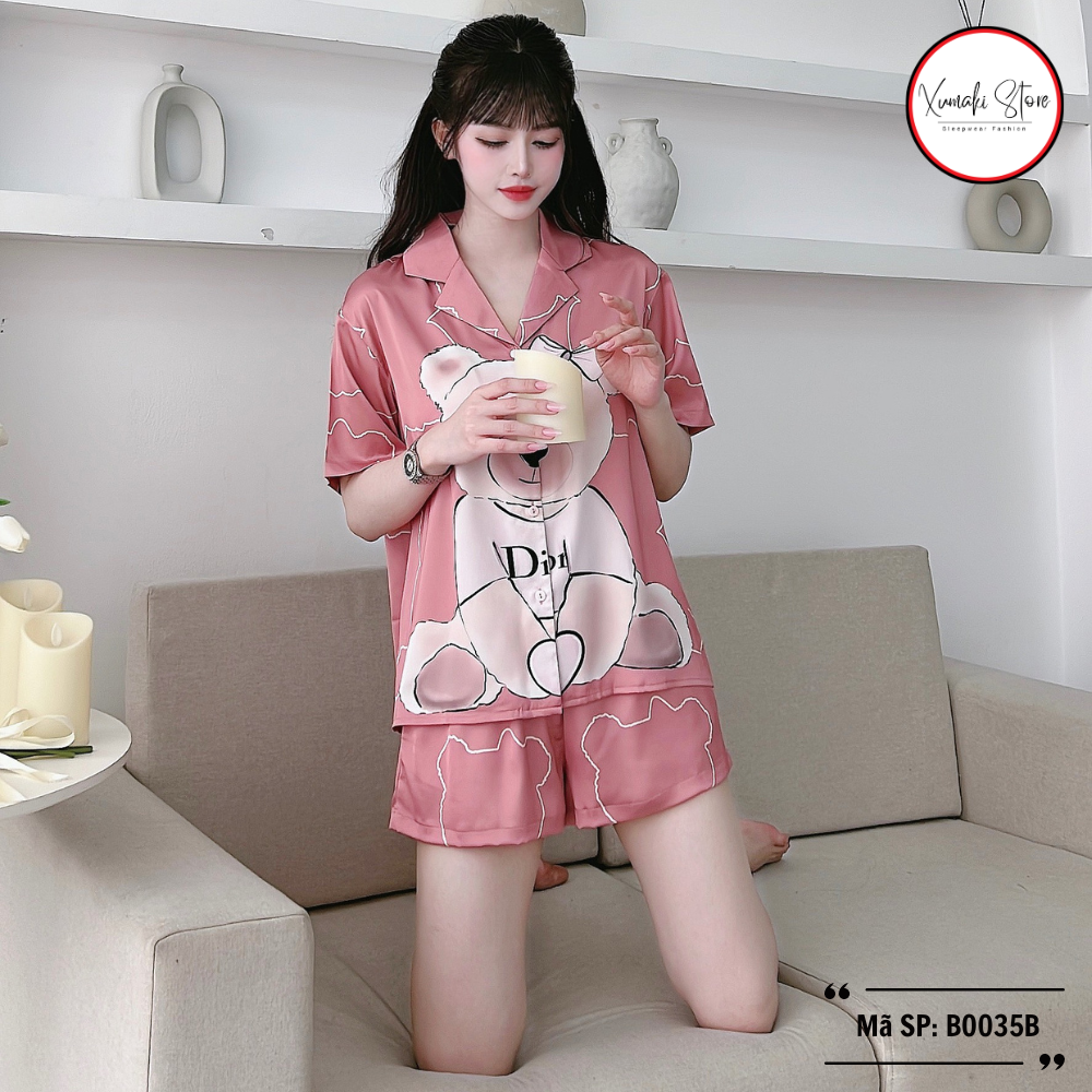 Bộ pijama áo cộc quần đùi hoạ tiết gấu kute 2 màu chất lụa cao cấp Xumaki Store BO035B