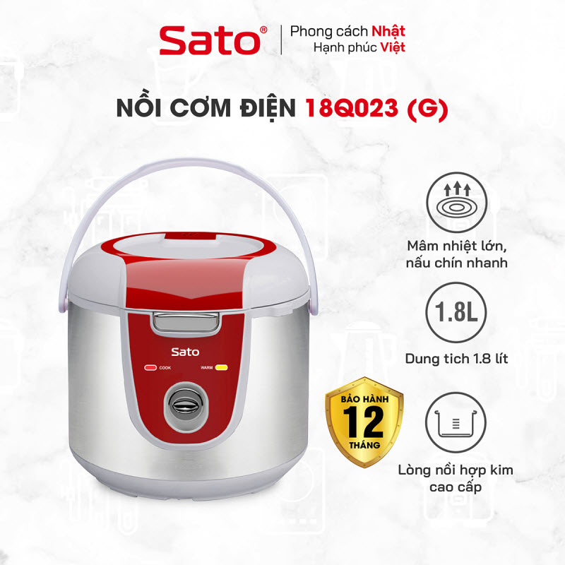 Nồi Cơm Điện SATO 18Q023 1.8L - Thiết kế quai xách chắc chắn, chống tràn tốt, nút điều khiển đơn giản, tiện dụng - Miễn phí vận chuyển toàn quốc - Hàng chính hãng