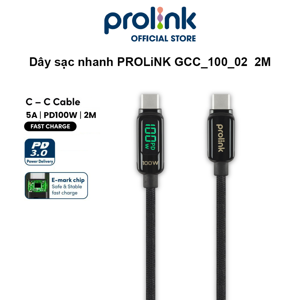 Dây sạc type C To C PROLiNK GCC_100_02 dài 2M, sạc siêu nhanh 100W, màn hình Led, dành cho Tablet, Macbook, Laptop - Hàng chính hãng