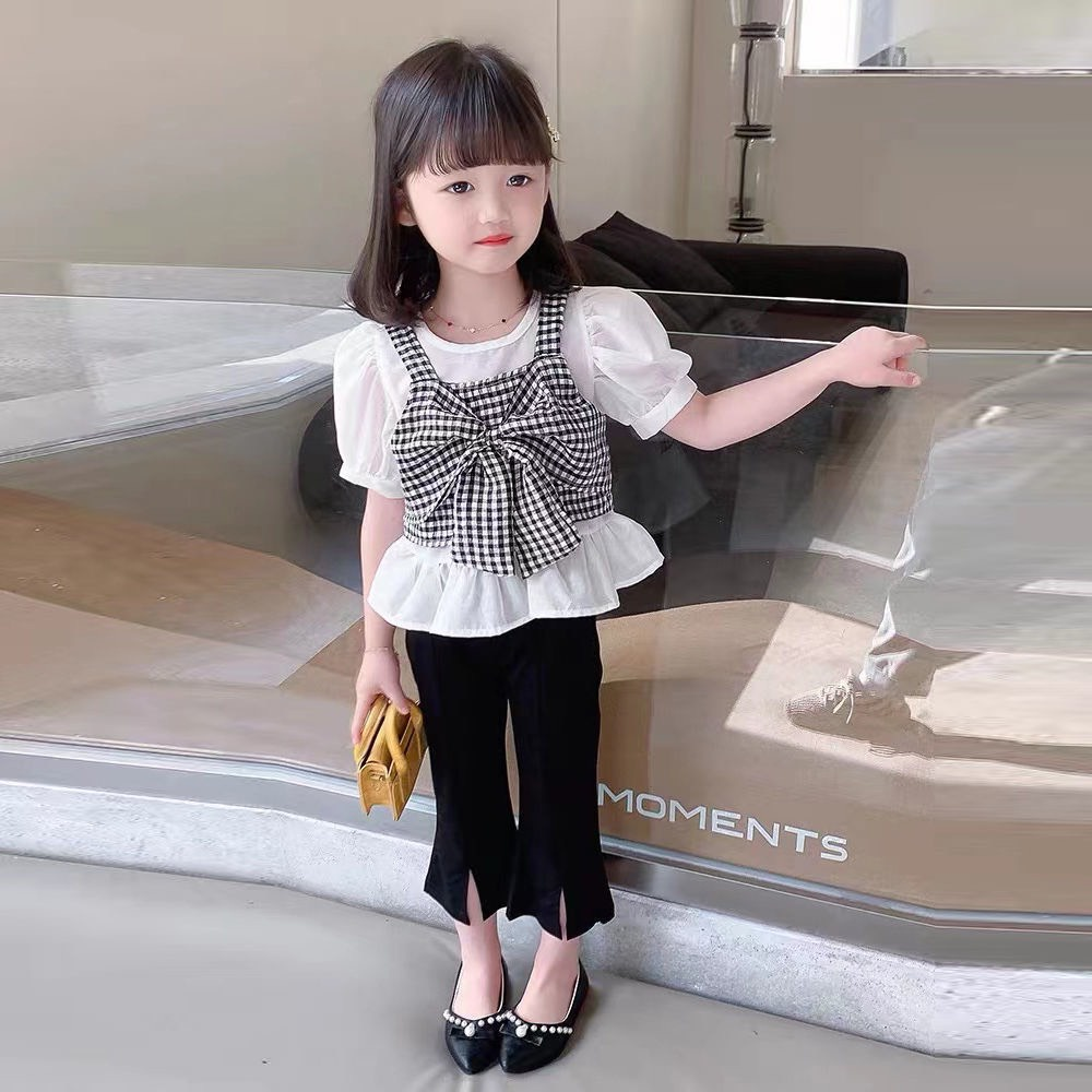 Set Áo nơ ngực caro + Quần loe gấu cho bé gái