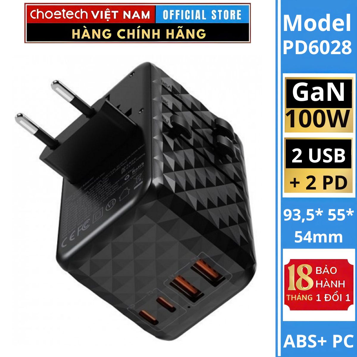 Củ sạc du lịch đa năng Gan 100W Choetech PD6028 (2 USB C+ 2 USB A)- Hàng chính hãng