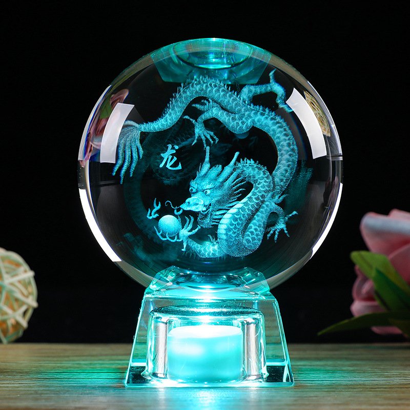 Quả cầu pha lê khắc 3D phong thủy Rồng thần nhả ngọc  - đế đèn led 7 màu - S02