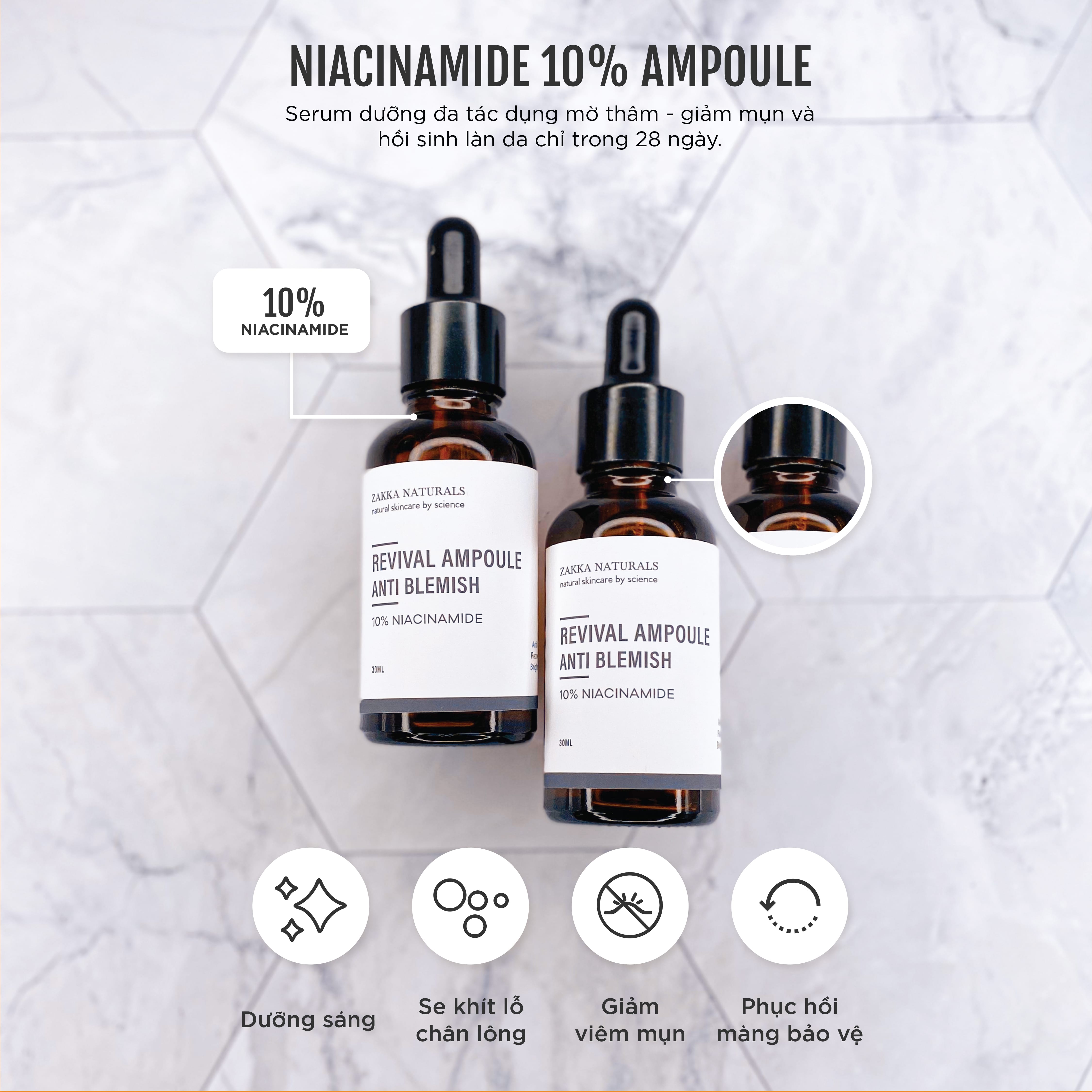 Serum Niacinamide Trắng Da, Giảm Thâm Mụn, Giảm Mụn, Cấp Nước, Giữ Ẩm, Chống Lão Hóa Phục Hồi Da Revival Ampoule Anti Blemish With 10% Niacinamide 30ml - Zakka Naturals