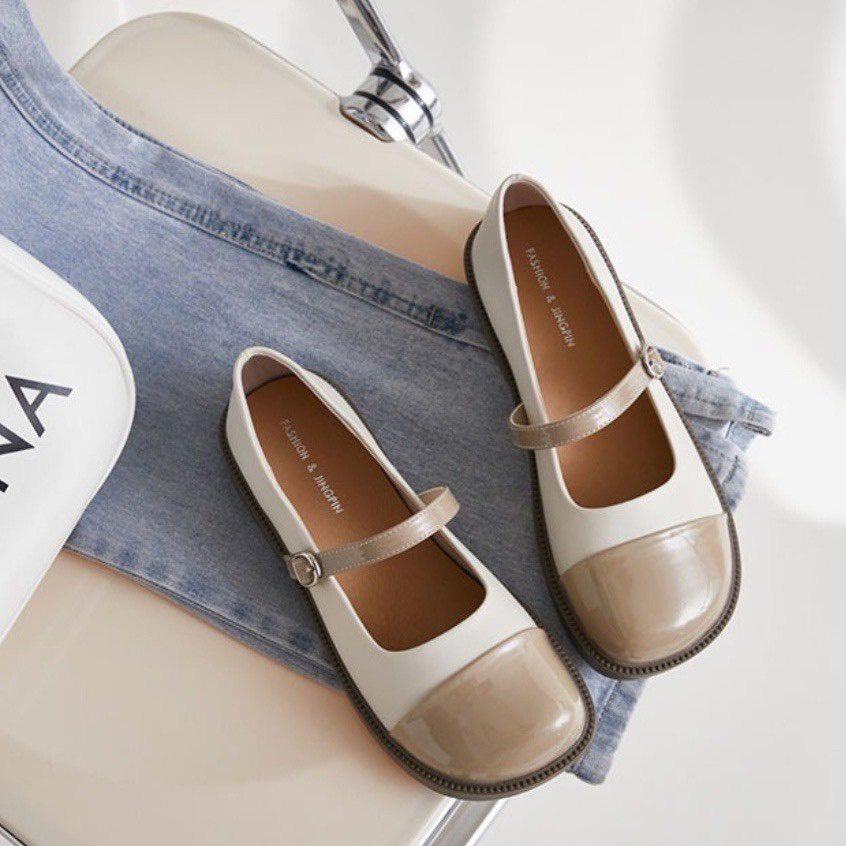 CÓ SẴN Giày búp bê Mary Jane nữ da mềm đế bằng cao 3cm phong cách học sinh Nhật Bản( lolita mix màu1 quai