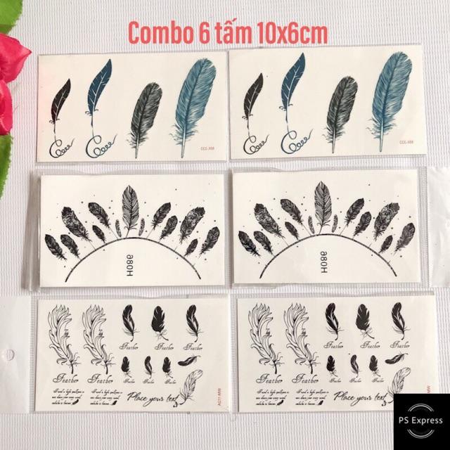 Combo 6 tấm hình xăm dán lông vũ xanh 10x6cm