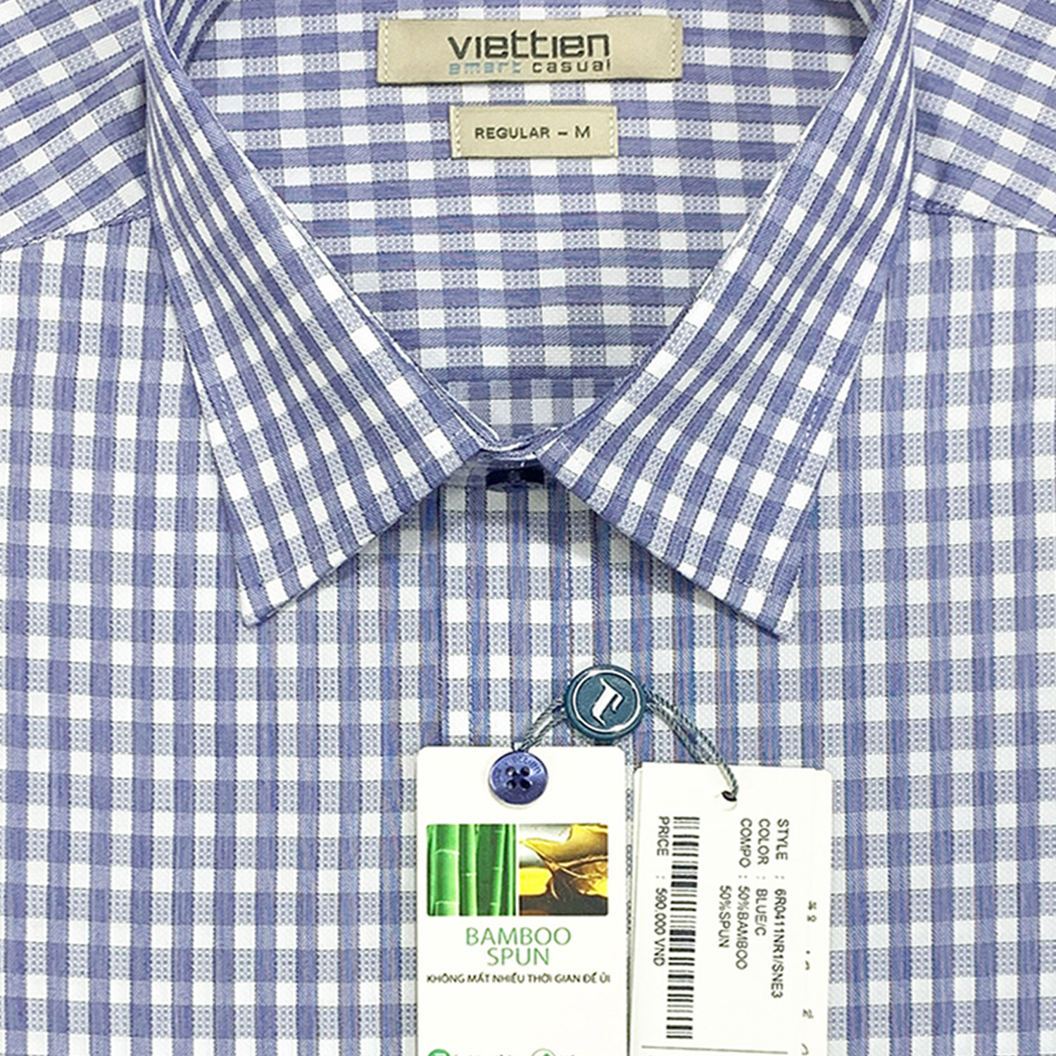 Viettien - Áo sơ mi nam ngắn tay xẻ tà lai ngang ca rô 6R0411 regular