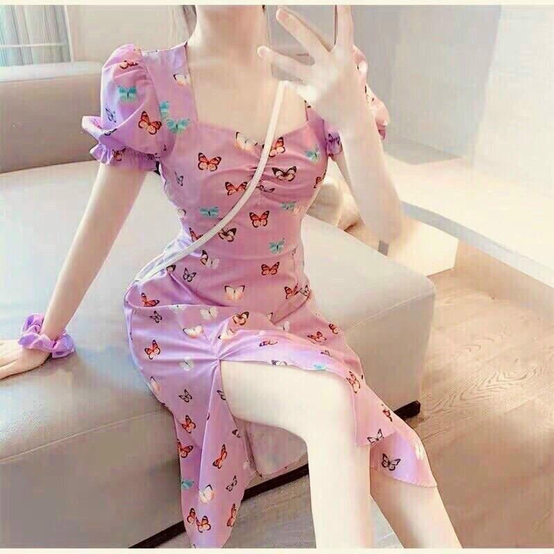 Đầm xoè hoạ tiết bướm xẻ tà tay phồng siêu xinh