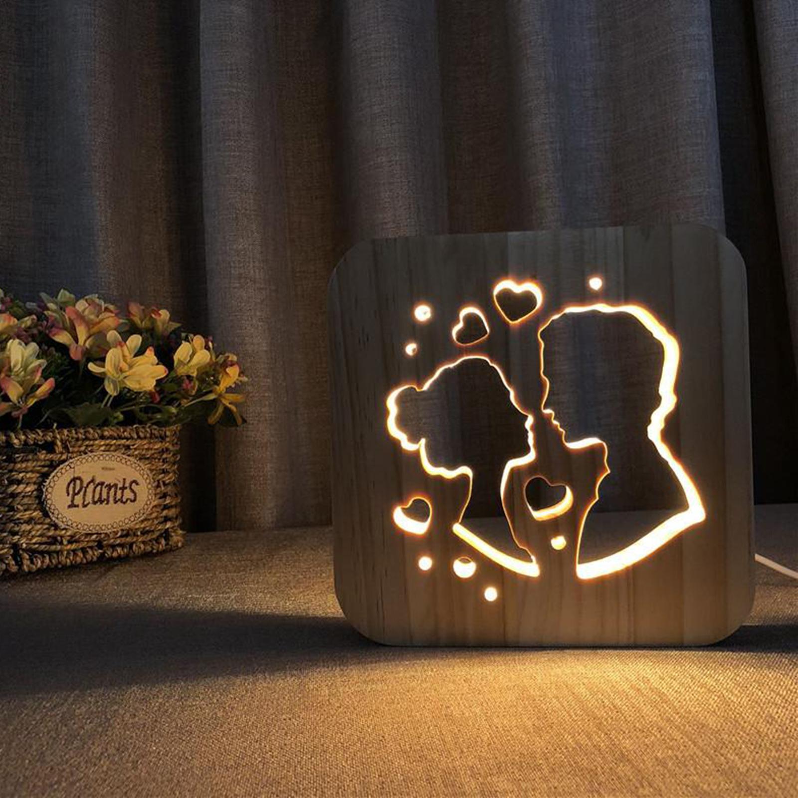 Wood Bedside Lamp, 3D Illusion Romance Lover Night Light, Best Hollow Design Bedroom Decor for Women Men,Creative LED Reading Study Desk Table Light