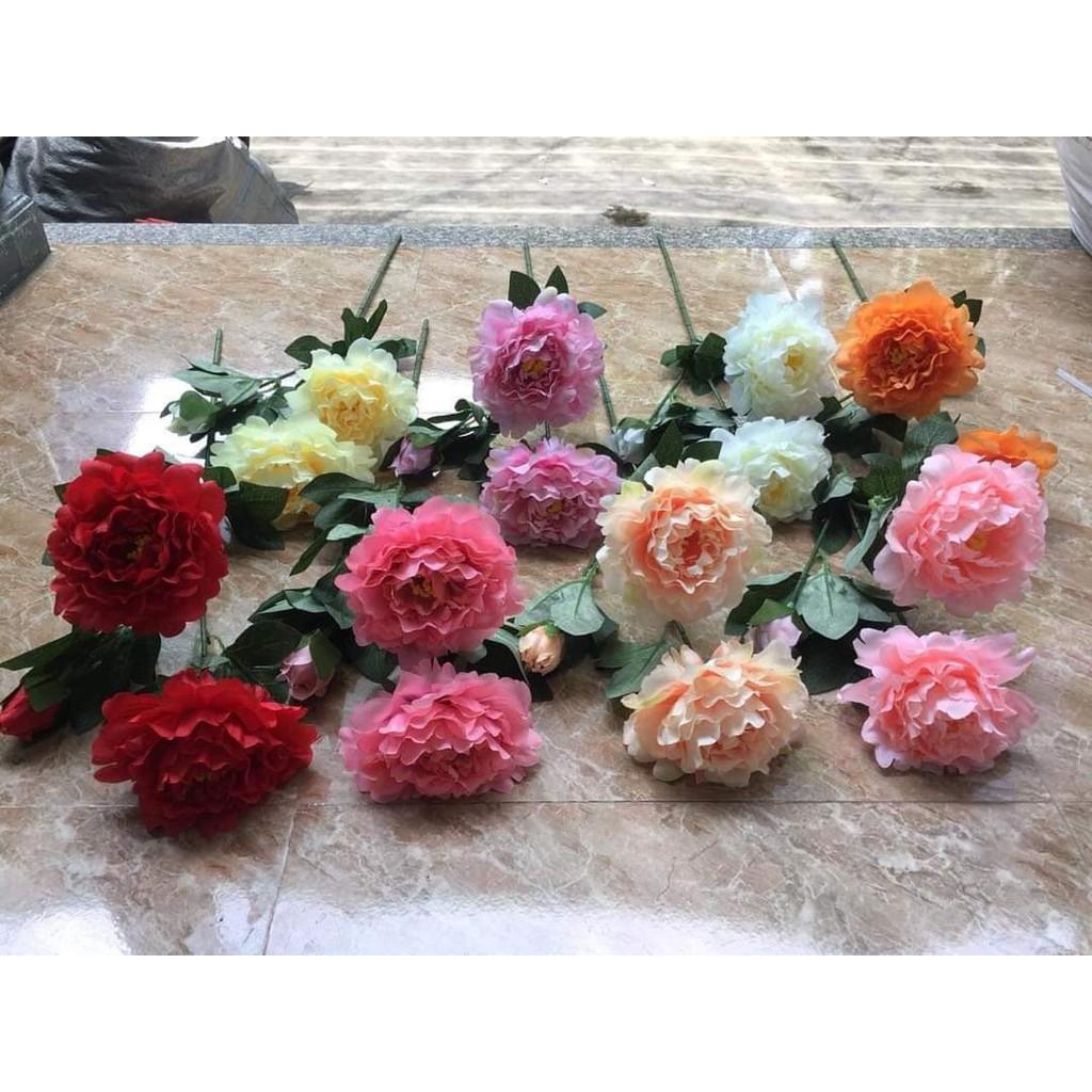 Hoa lụa cao cấp, hoa mẫu đơn giả 2 bông 1 nụ cỡ lớn cao 70cm trang trí nhà cửa sang trọng Flowermini