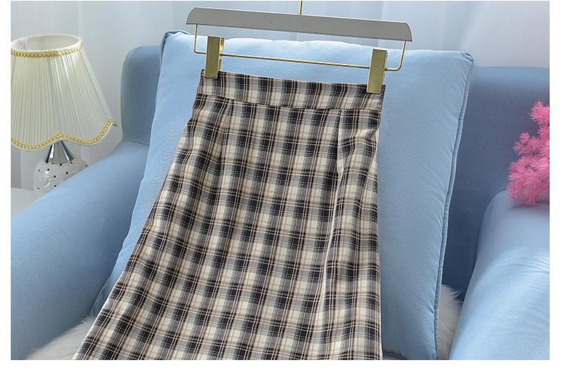 Chân váy midi lưng cao hoạ tiết kẻ sọc phong cách Retro Hàn Quốc Dv10