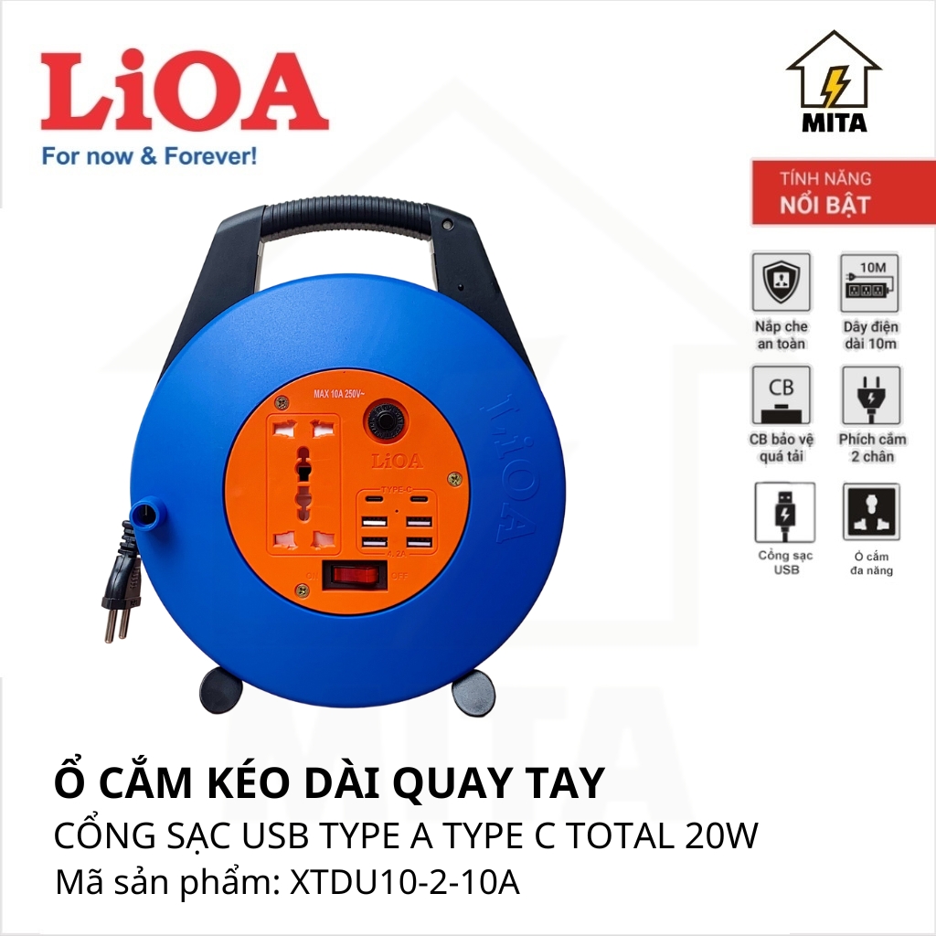 Ổ cắm điện LiOA kiểu xách tay có cổng sạc USB 20W dây dài 10m công suất 10A/15A