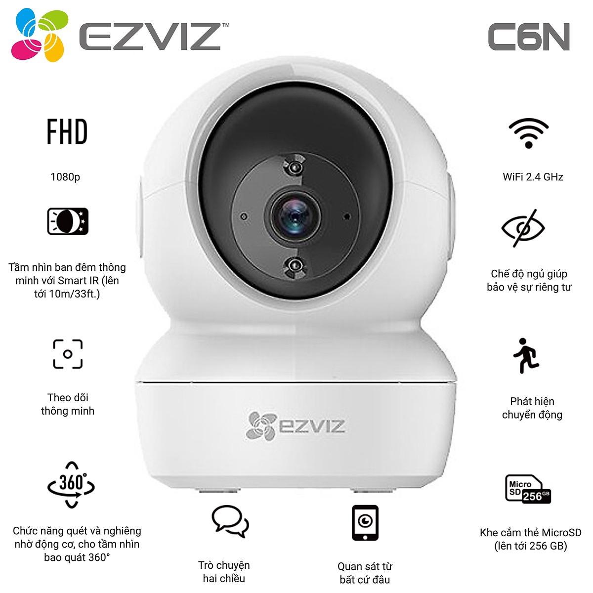 Camera Wifi Ezviz C6N 2.0MP 1080P Đèn hồng ngoại Đàm thoại 2 chiều (Không kèm thẻ nhớ) - Hàng chính hãng Anh Ngọc phân phối