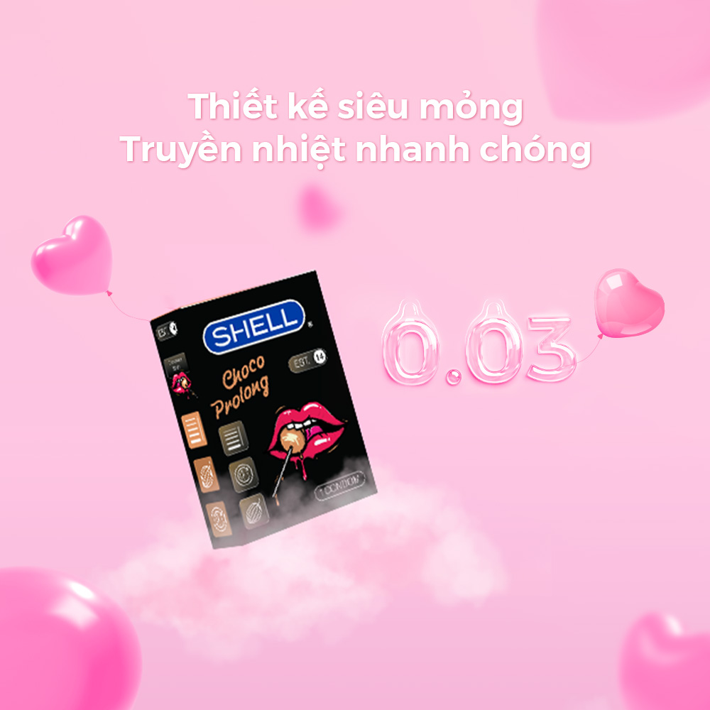 Bao cao su Shell Choco Prolong siêu mỏng, kéo dài thời gian, hương chocolate - Hộp 1 cái | SHELL CHÍNH HÃNG