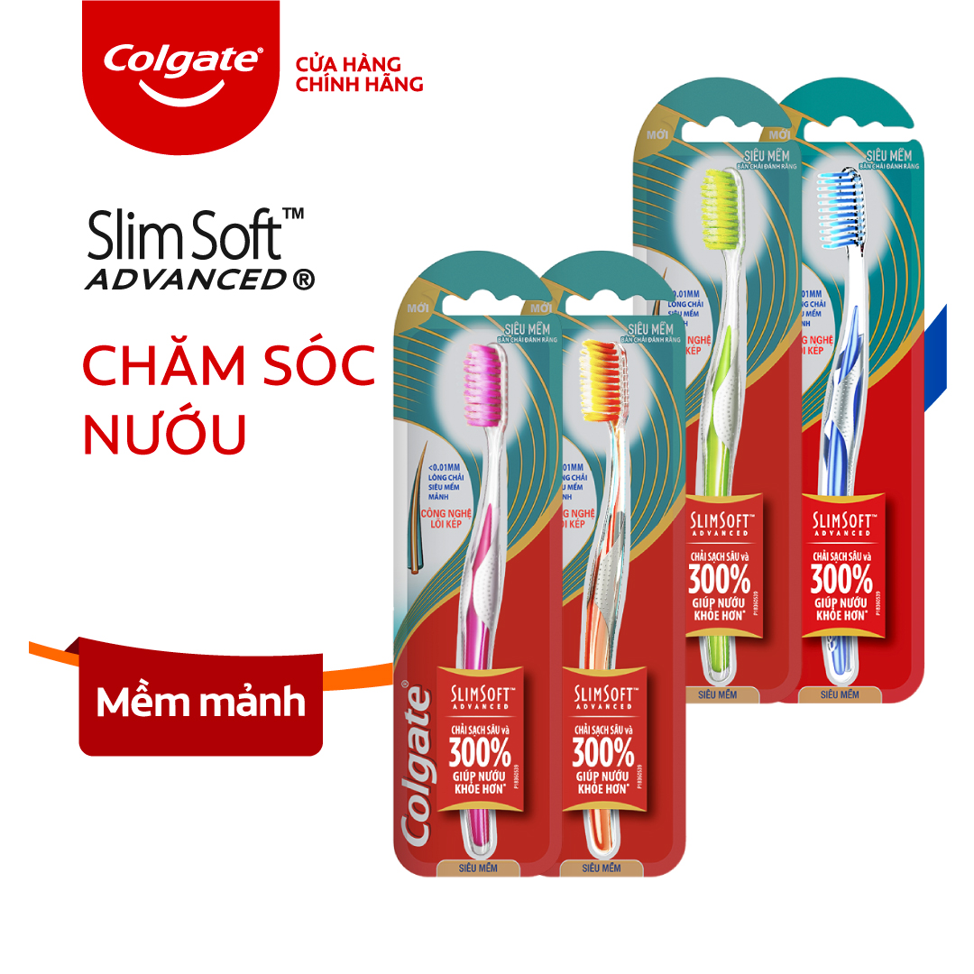 Bộ 4 bàn chải đánh răng Colgate Slimsoft Advanced lõi kép siêu mềm mảnh (Màu ngẫu nhiên)