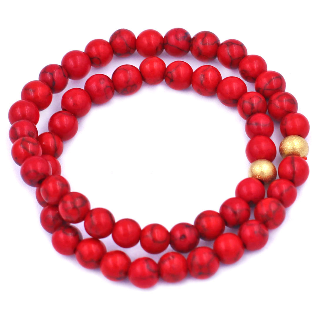 Vòng Chuỗi Đôi 6 Ly San Hô Đỏ Sọc Charm Bi Inox VSHOSHBD