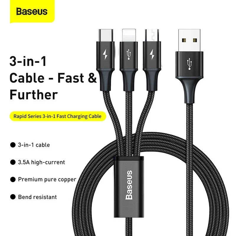 Dây cáp sạc nhanh 3A 3 in 1 USB-A to iPhone Lighting / Type-C / Micro USB hiệu Baseus Rapid Fast Charge Cable (dài 120CM, sạc cùng lúc 3 thiết bị, chip sạc thông minh, tốc độ truyền tải 480Mbps) - hàng nhập khẩu