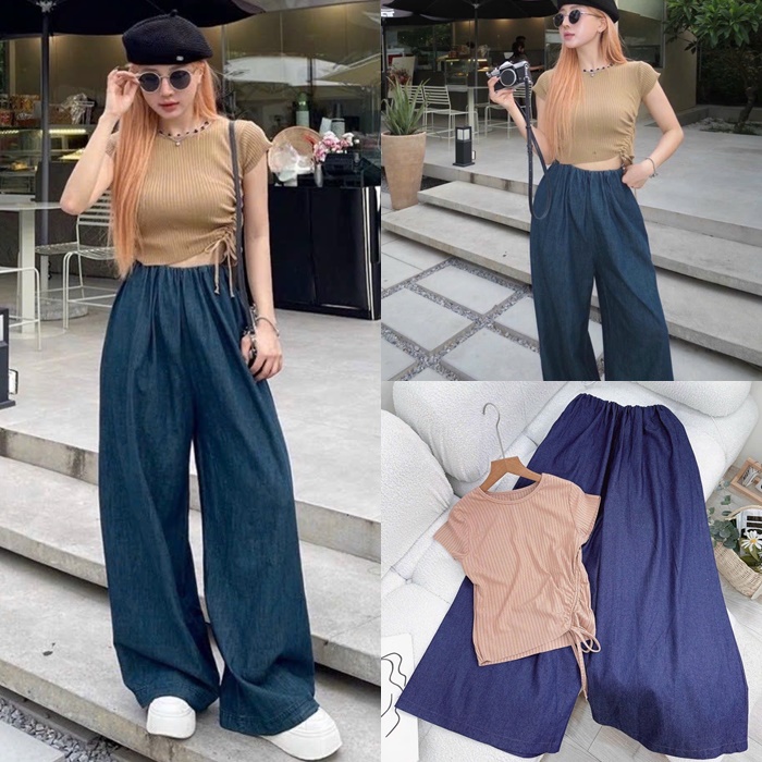 SET ÁO CROPTOP THUN DÂY RÚT TAY NGẮN + QUẦN DÀI ỐNG RỘNG LƯNG CAO SUÔNG TRƠN JEANS DẠO PHỐ ĐI CHƠI ĐI BIỂN ĐI TIỆC