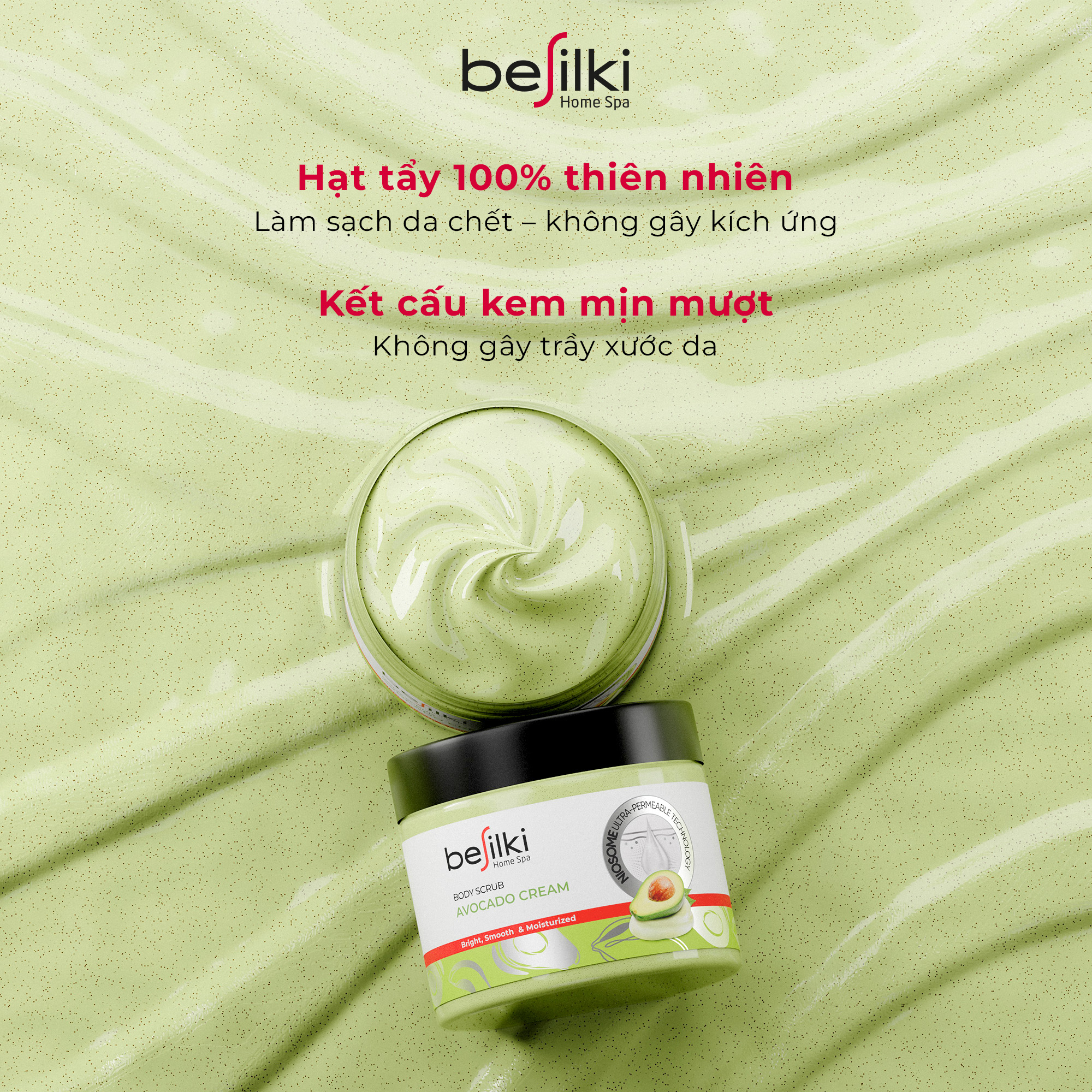 Tẩy da chết Body Bơ Tươi BESILKI 3in1 sáng mịn, ẩm mượt 170ml, 280ml