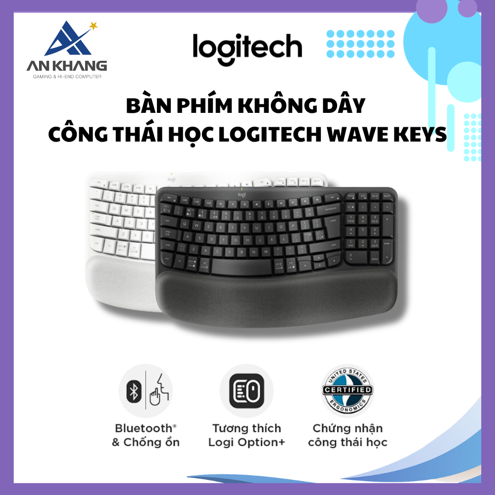 Bàn phím không dây công thái học Logitech Wave Keys - Kết nối Bluetooth, Gác tay, Windows, MacOs - Hàng Chính Hãng