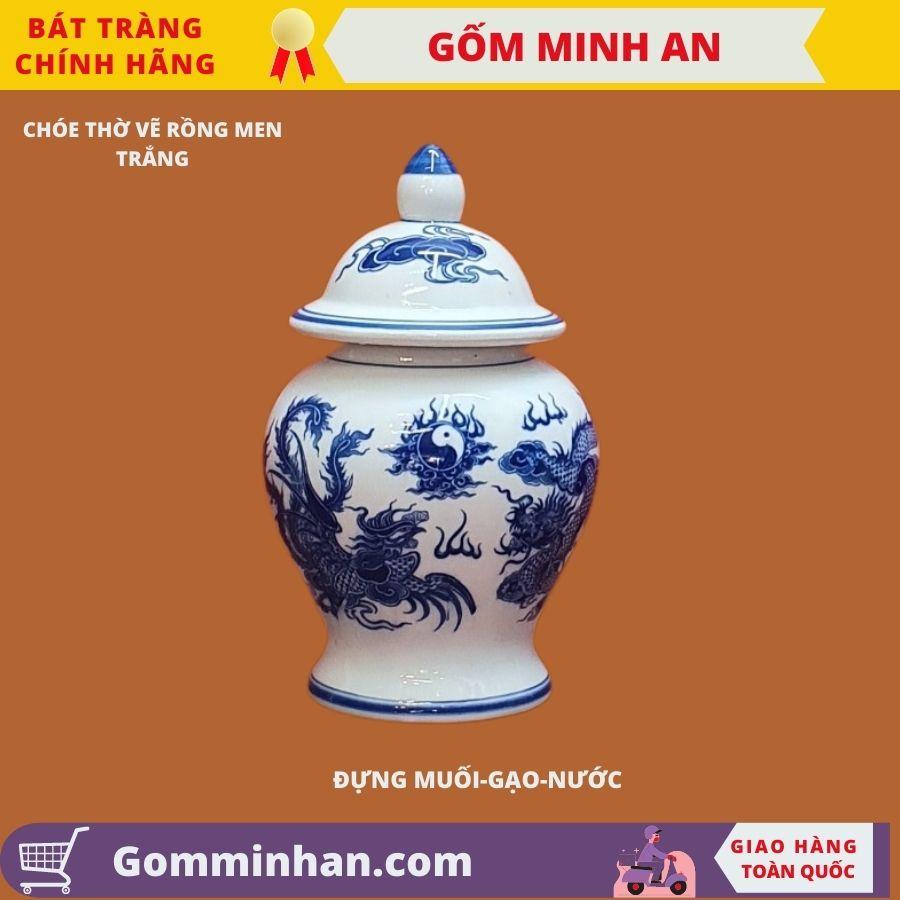 Chóe thờ Chóe Cúng Vẽ Rồng Men Trắng Cao Cấp- Gốm Sứ Bát Tràng- Gốm Minh An