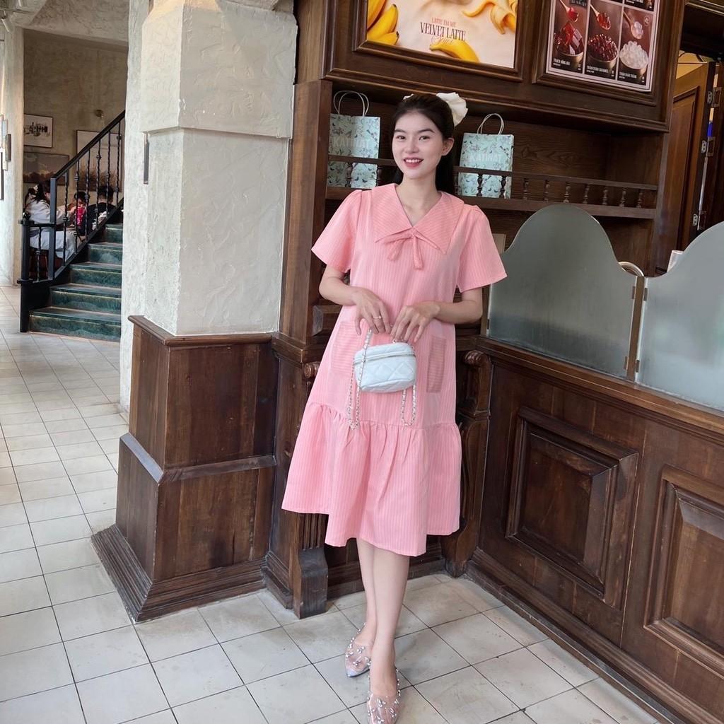 Đầm bầu sọc chỉ phom suông đuôi cá phối túi 2 bên dễ thương - Da