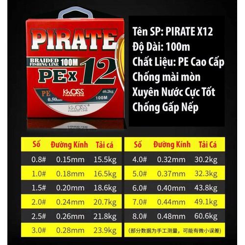 Dây dù câu cá PE X12 PIRATE (12 lõi) 100m Siêu bền Siêu mịn Siêu tải màu xanh lá 2 tầng chống thấm