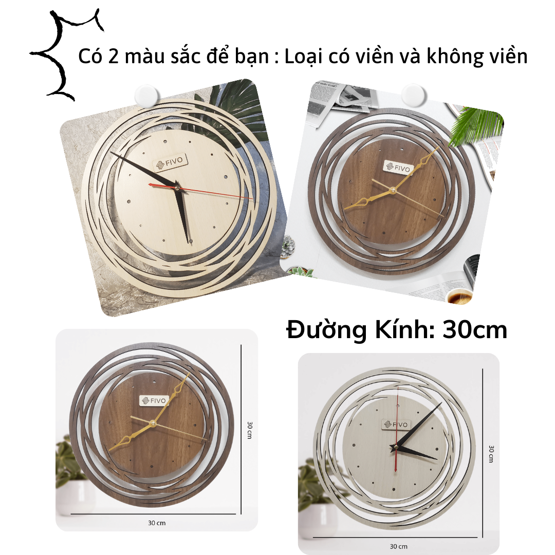 Đồng Hồ Tròn Treo Tường Kim Trôi Decor Trang Trí, Thương Hiệu FIVO Mẫu FW07  Phong Cách Sang Trọng Hiện Đại