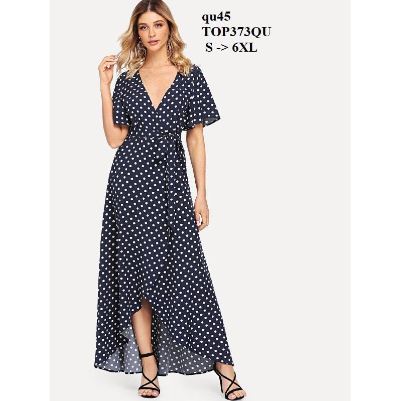 DRESS291 ĐẦM MAXI CHẤM BI NƠ EO