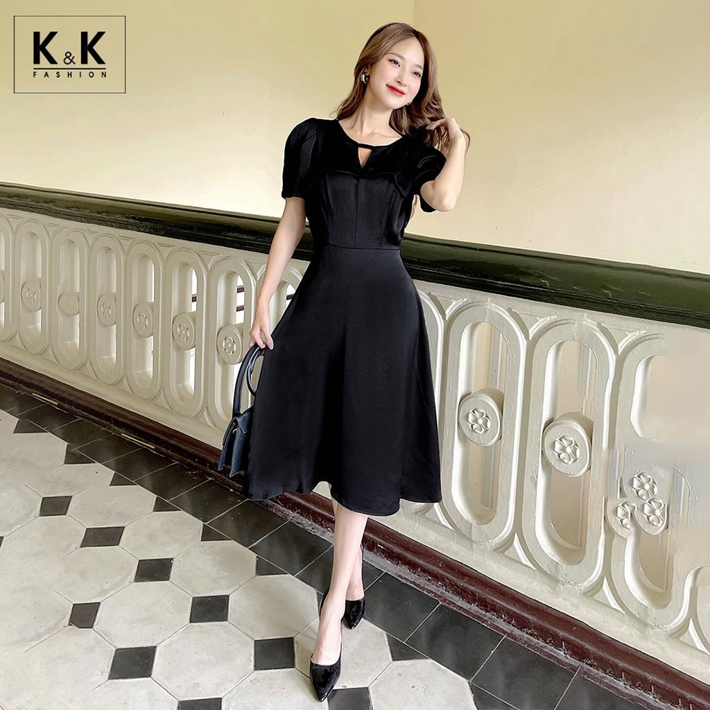 Đầm Đen Cổ Xòe Cổ Cut Out K&amp;K Fashion KK120-12 Chất Liệu Lụa Satin